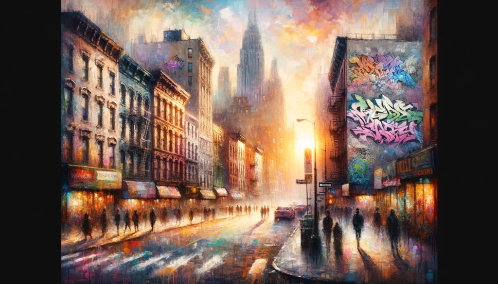DALL·E 2024 02 04 21.58.01 An artwork blending impressionism and graffiti capturing a bustling city street at sunset. The scene is alive with the soft brushstrokes and pastel c
