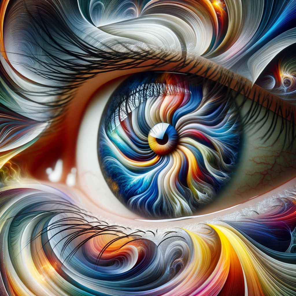 DALL·E 2024 02 04 21.58.06 An abstract and hyperrealistic combination portraying a close up of a human eye with abstract patterns swirling within the iris. The hyperrealistic d