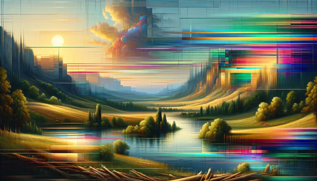 DALL·E 2024 02 04 21.58.08 A fusion of classical and digital art featuring a serene landscape with digital glitches overlaying classical painting techniques. The landscape incl